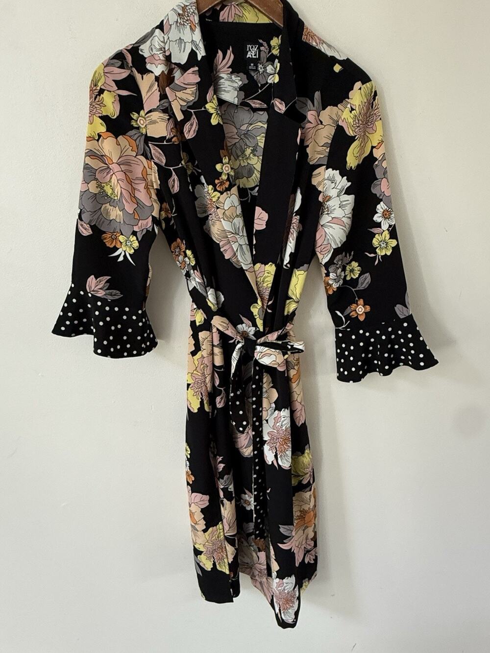 Roz & Ali Kimono Size M Black Floral Polka Dot Tie Waist Midi Length Robe Lounge
